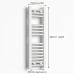 White heated towel rail dimensions diagram — 250mm wide x 800mm high — matt white ladder radiator size guide | Elegant Radiators UK