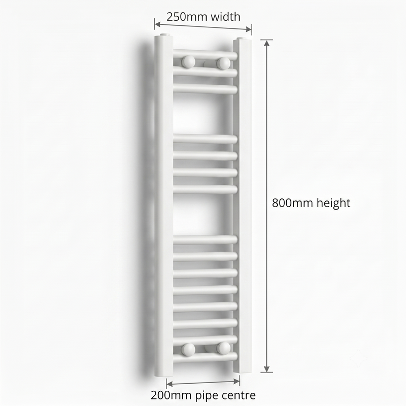 White heated towel rail dimensions diagram — 250mm wide x 800mm high — matt white ladder radiator size guide | Elegant Radiators UK