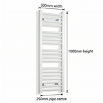 White heated towel rail dimensions diagram — 300mm wide x 1000mm high — matt white ladder radiator size guide | Elegant Radiators UK