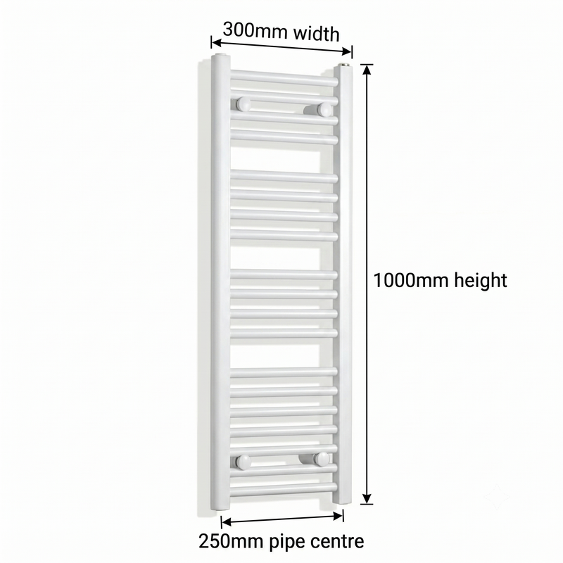 White heated towel rail dimensions diagram — 300mm wide x 1000mm high — matt white ladder radiator size guide | Elegant Radiators UK