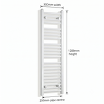 White heated towel rail dimensions diagram — 300mm wide x 1200mm high — matt white ladder radiator size guide | Elegant Radiators UK
