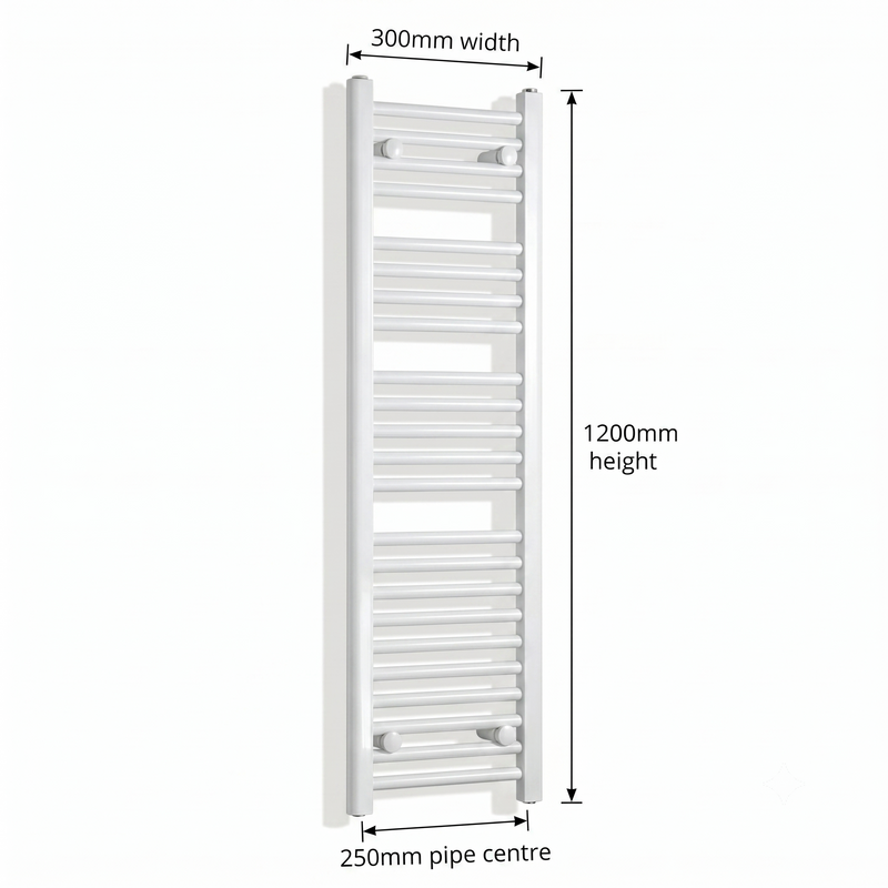 White heated towel rail dimensions diagram — 300mm wide x 1200mm high — matt white ladder radiator size guide | Elegant Radiators UK