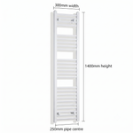 White heated towel rail dimensions diagram — 300mm wide x 1400mm high — matt white ladder radiator size guide | Elegant Radiators UK