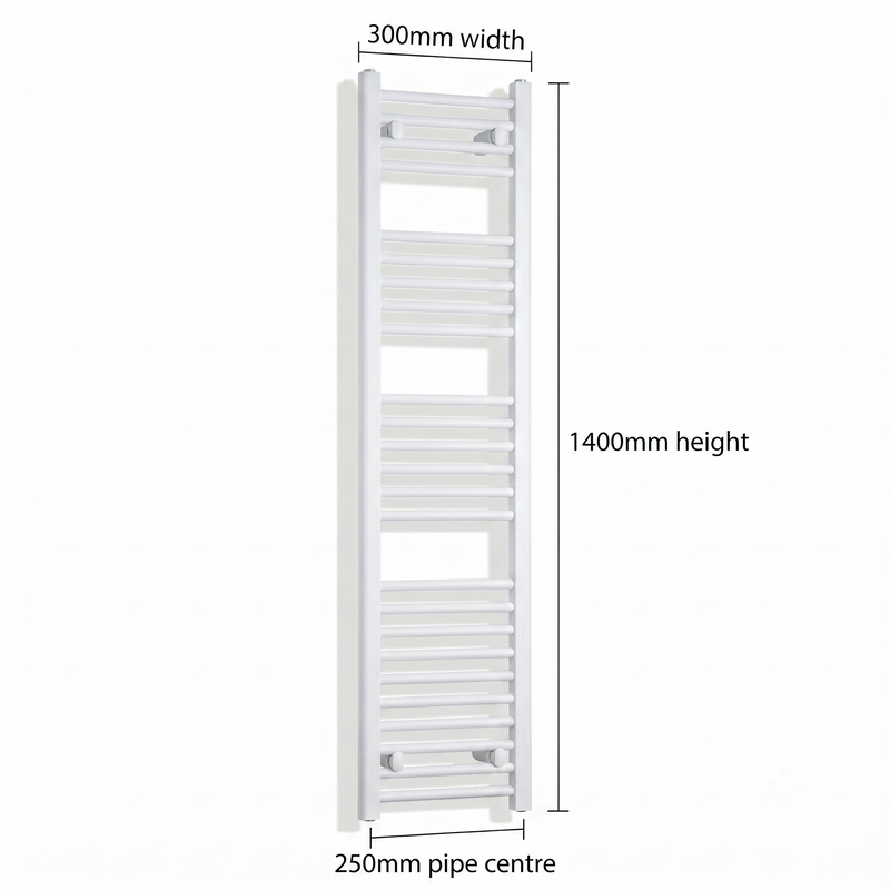 White heated towel rail dimensions diagram — 300mm wide x 1400mm high — matt white ladder radiator size guide | Elegant Radiators UK