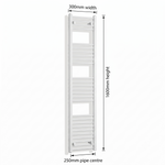 White heated towel rail dimensions diagram — 300mm wide x 1600mm high — matt white ladder radiator size guide | Elegant Radiators UK