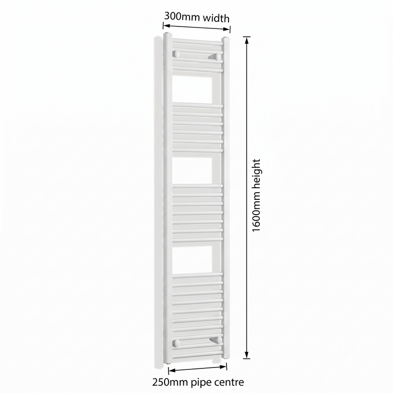 White heated towel rail dimensions diagram — 300mm wide x 1600mm high — matt white ladder radiator size guide | Elegant Radiators UK