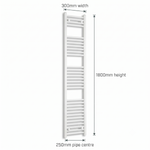 White heated towel rail dimensions diagram — 300mm wide x 1800mm high — matt white ladder radiator size guide | Elegant Radiators UK