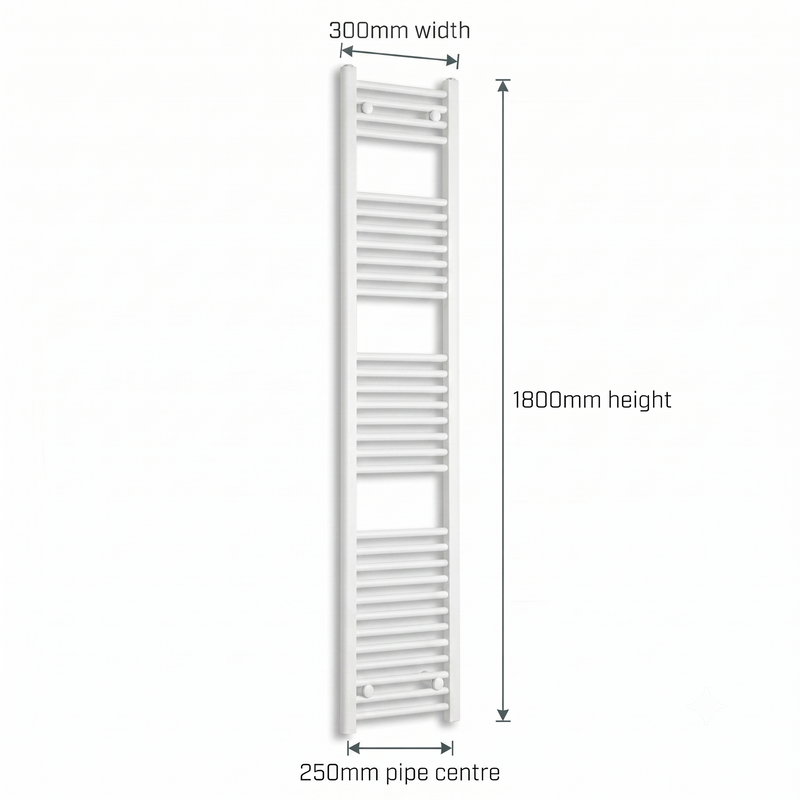 White heated towel rail dimensions diagram — 300mm wide x 1800mm high — matt white ladder radiator size guide | Elegant Radiators UK