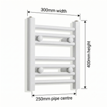White heated towel rail dimensions diagram — 300mm wide x 400mm high — matt white ladder radiator size guide | Elegant Radiators UK