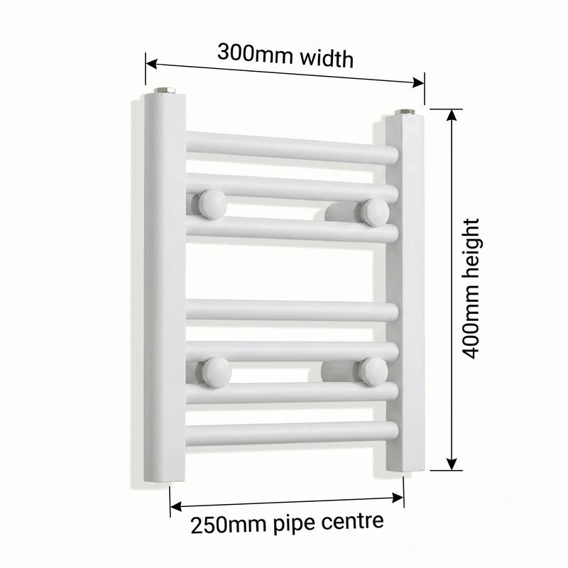 White heated towel rail dimensions diagram — 300mm wide x 400mm high — matt white ladder radiator size guide | Elegant Radiators UK
