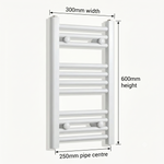 White heated towel rail dimensions diagram — 300mm wide x 600mm high — matt white ladder radiator size guide | Elegant Radiators UK