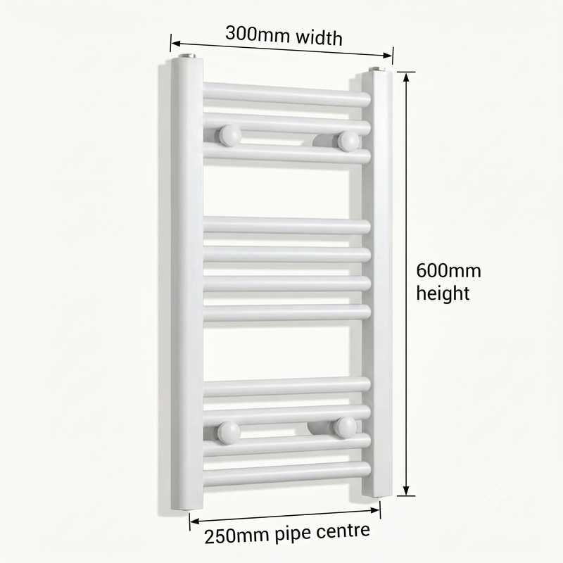 White heated towel rail dimensions diagram — 300mm wide x 600mm high — matt white ladder radiator size guide | Elegant Radiators UK