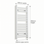 White heated towel rail dimensions — 300mm x 800mm — matt white ladder radiator size guide | Elegant Radiators UK