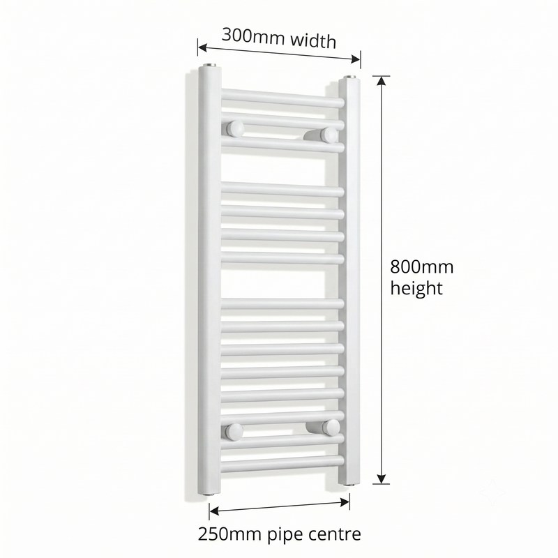 White heated towel rail dimensions — 300mm x 800mm — matt white ladder radiator size guide | Elegant Radiators UK