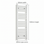 White heated towel rail dimensions — 350mm x 100mm — matt white ladder radiator size guide | Elegant Radiators UK