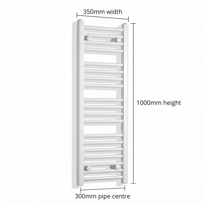 White heated towel rail dimensions — 350mm x 100mm — matt white ladder radiator size guide | Elegant Radiators UK