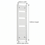 White heated towel rail dimensions — 350mm x 120mm — matt white ladder radiator size guide | Elegant Radiators UK
