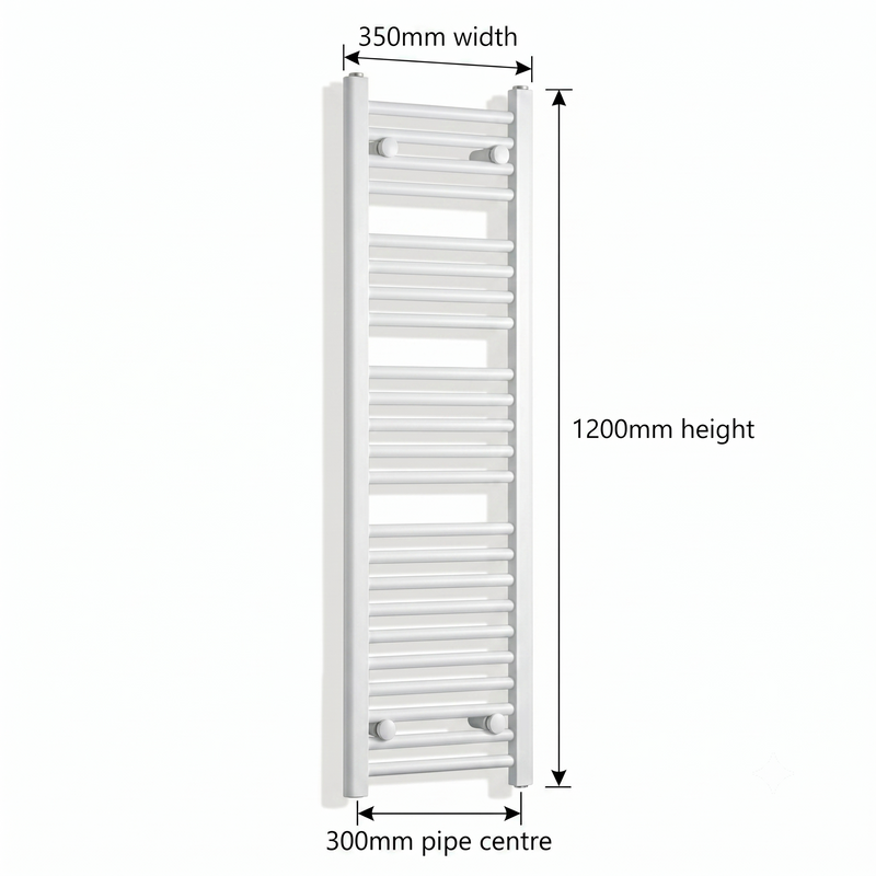 White heated towel rail dimensions — 350mm x 120mm — matt white ladder radiator size guide | Elegant Radiators UK