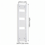 White heated towel rail dimensions — 350mm x 140mm — matt white ladder radiator size guide | Elegant Radiators UK
