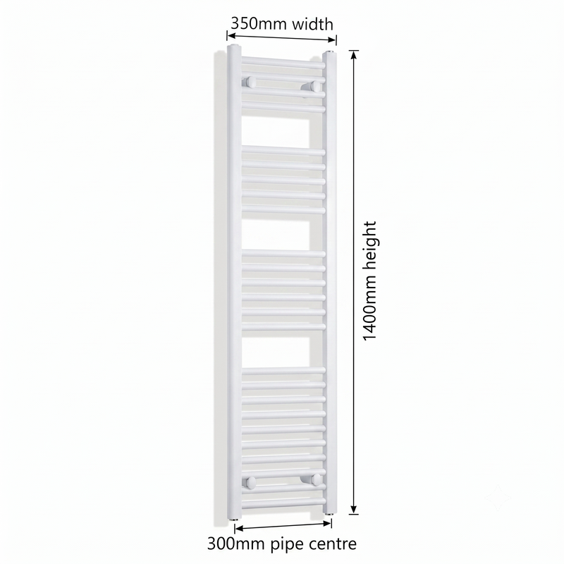 White heated towel rail dimensions — 350mm x 140mm — matt white ladder radiator size guide | Elegant Radiators UK