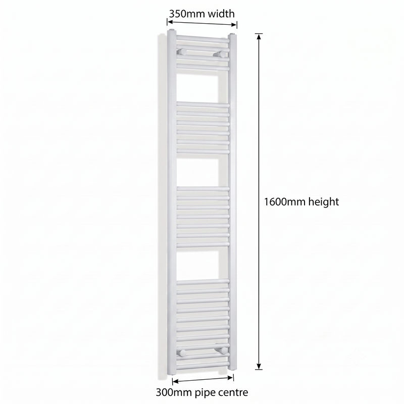 White heated towel rail dimensions — 350mm x 160mm — matt white ladder radiator size guide | Elegant Radiators UK