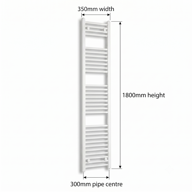 White heated towel rail dimensions — 350mm x 180mm — matt white ladder radiator size guide | Elegant Radiators UK