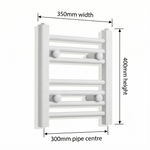 White heated towel rail dimensions — 350mm x 40mm — matt white ladder radiator size guide | Elegant Radiators UK