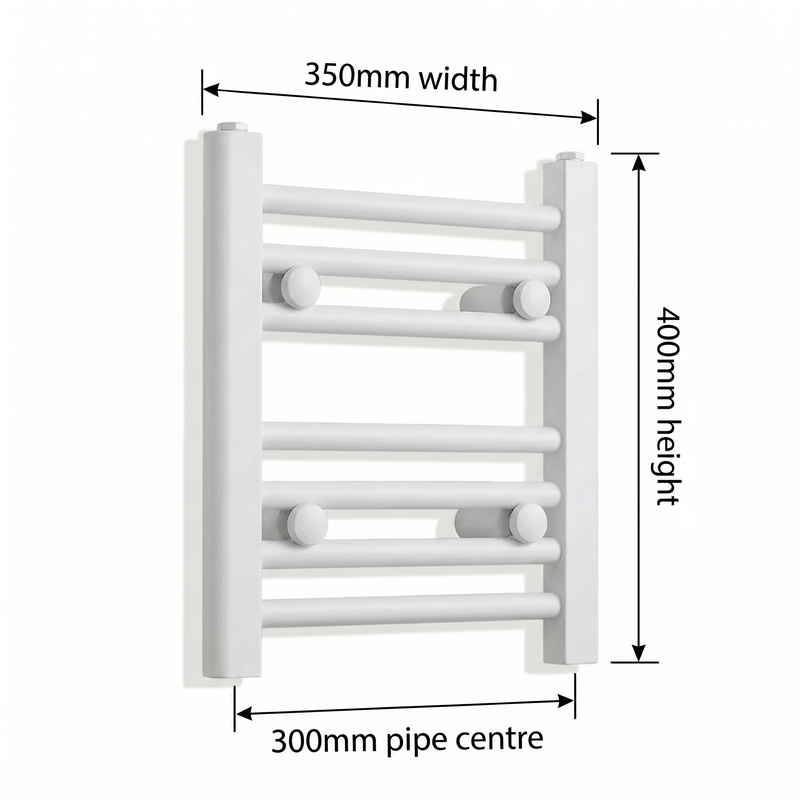 White heated towel rail dimensions — 350mm x 40mm — matt white ladder radiator size guide | Elegant Radiators UK