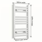 White heated towel rail dimensions — 350mm x 60mm — matt white ladder radiator size guide | Elegant Radiators UK