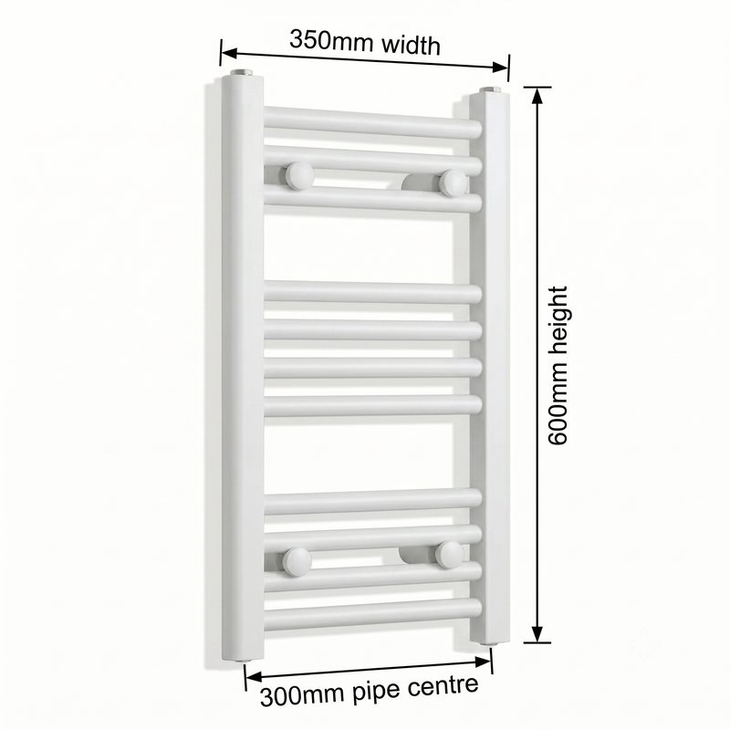 White heated towel rail dimensions — 350mm x 60mm — matt white ladder radiator size guide | Elegant Radiators UK