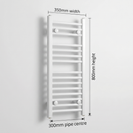 White heated towel rail dimensions — 350mm x 80mm — matt white ladder radiator size guide | Elegant Radiators UK