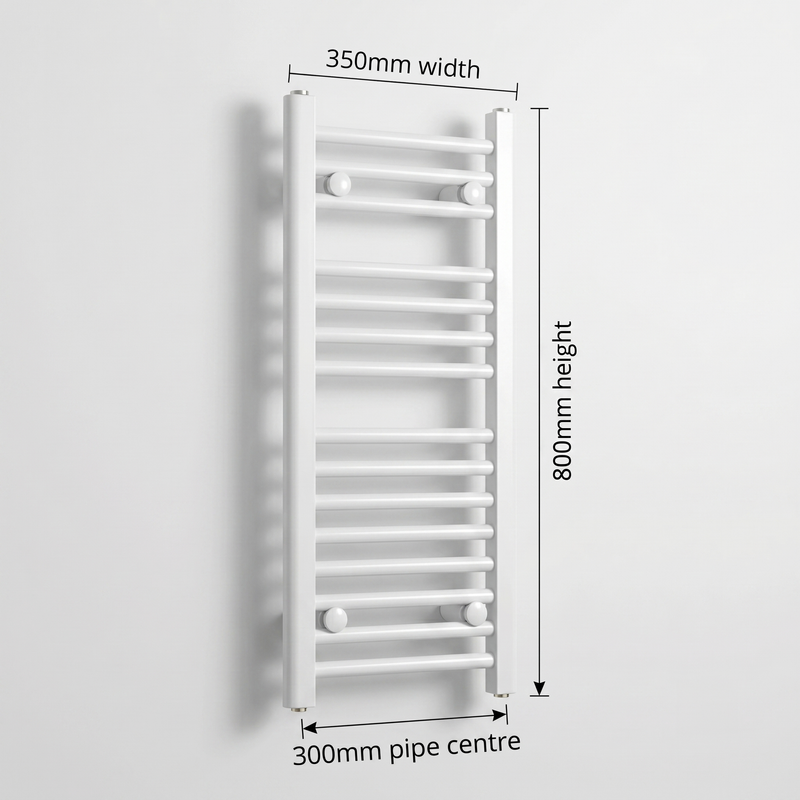 White heated towel rail dimensions — 350mm x 80mm — matt white ladder radiator size guide | Elegant Radiators UK