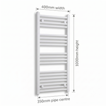 White heated towel rail dimensions — 400mm x 1000mm — matt white ladder radiator size guide | Elegant Radiators UK
