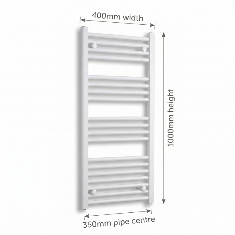 White heated towel rail dimensions — 400mm x 1000mm — matt white ladder radiator size guide | Elegant Radiators UK