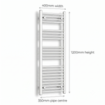 White heated towel rail dimensions — 400mm x 1200mm — matt white ladder radiator size guide | Elegant Radiators UK