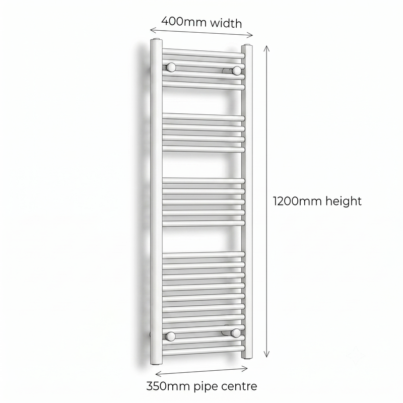 White heated towel rail dimensions — 400mm x 1200mm — matt white ladder radiator size guide | Elegant Radiators UK