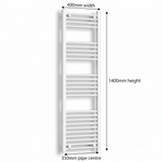White heated towel rail dimensions — 400mm x 1400mm — matt white ladder radiator size guide | Elegant Radiators UK
