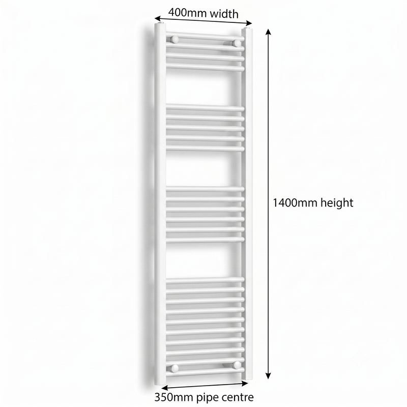 White heated towel rail dimensions — 400mm x 1400mm — matt white ladder radiator size guide | Elegant Radiators UK