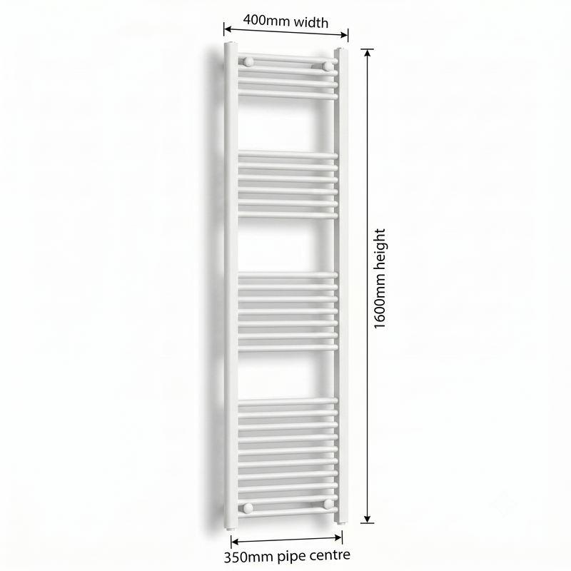 White heated towel rail dimensions — 400mm x 1600mm — matt white ladder radiator size guide | Elegant Radiators UK