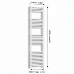 White heated towel rail dimensions — 400mm x 1800mm — matt white ladder radiator size guide | Elegant Radiators UK
