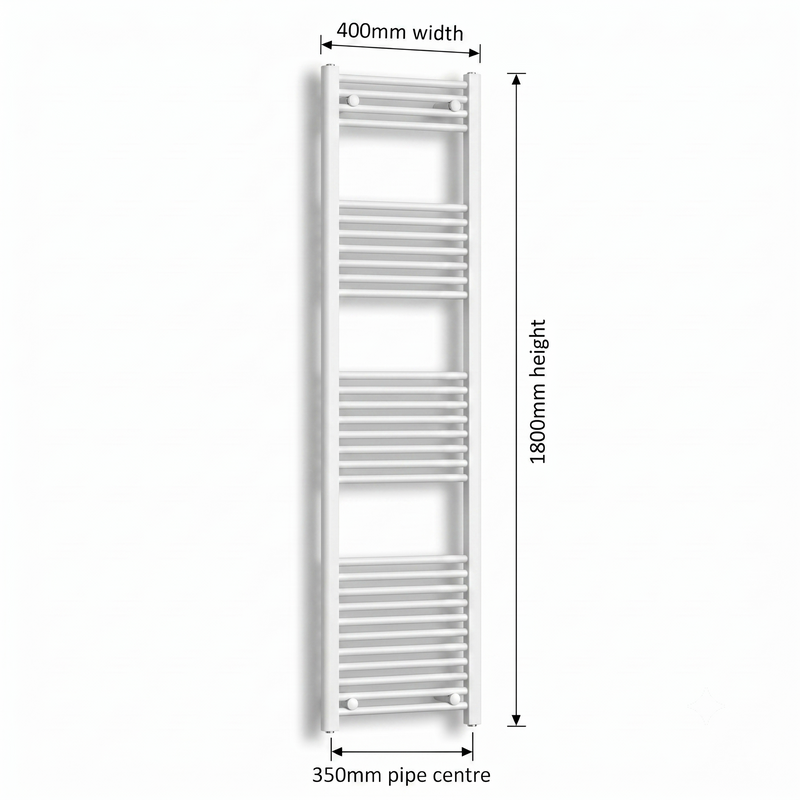 White heated towel rail dimensions — 400mm x 1800mm — matt white ladder radiator size guide | Elegant Radiators UK