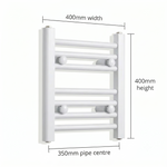 White heated towel rail dimensions — 400mm x 400mm — matt white ladder radiator size guide | Elegant Radiators UK