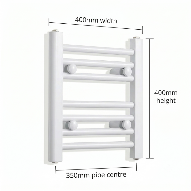 White heated towel rail dimensions — 400mm x 400mm — matt white ladder radiator size guide | Elegant Radiators UK