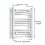 White heated towel rail dimensions — 400mm x 600mm — matt white ladder radiator size guide | Elegant Radiators UK