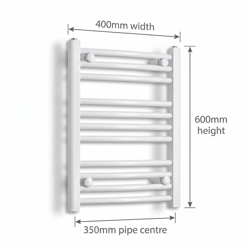 White heated towel rail dimensions — 400mm x 600mm — matt white ladder radiator size guide | Elegant Radiators UK