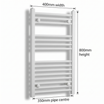 White heated towel rail dimensions — 400mm x 800mm — matt white ladder radiator size guide | Elegant Radiators UK