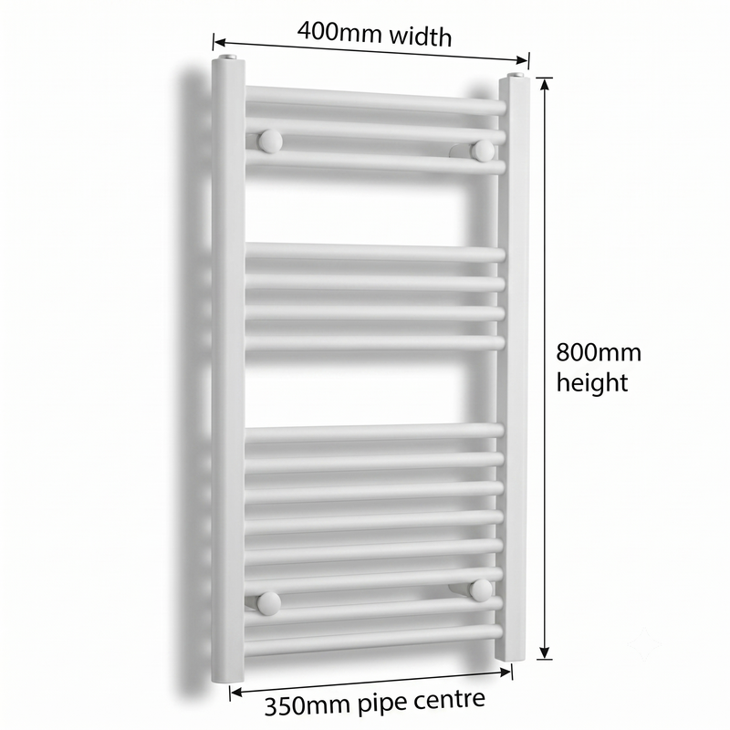 White heated towel rail dimensions — 400mm x 800mm — matt white ladder radiator size guide | Elegant Radiators UK