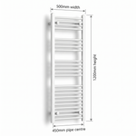 White heated towel rail dimensions — 500mm x 1200mm — matt white ladder radiator size guide | Elegant Radiators UK