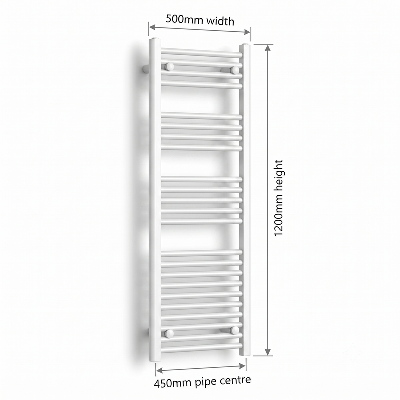 White heated towel rail dimensions — 500mm x 1200mm — matt white ladder radiator size guide | Elegant Radiators UK