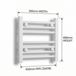 White heated towel rail dimensions — 500mm x 400mm — matt white ladder radiator size guide | Elegant Radiators UK